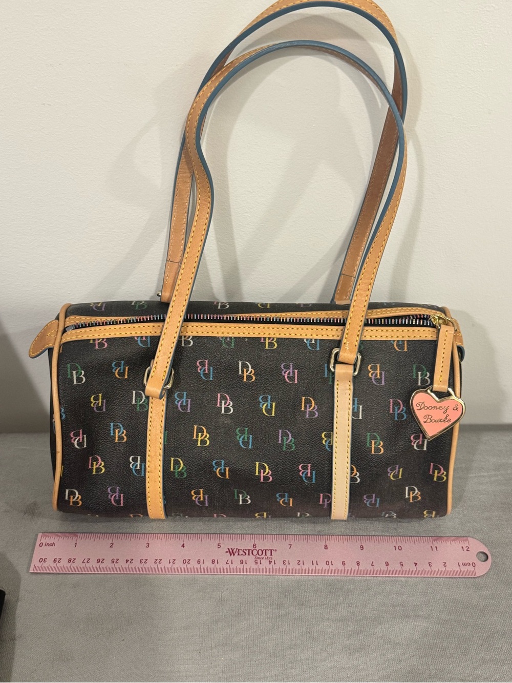 Dooney & Bourke Black Barrel Shoulder Bag with Multicolor DB Print